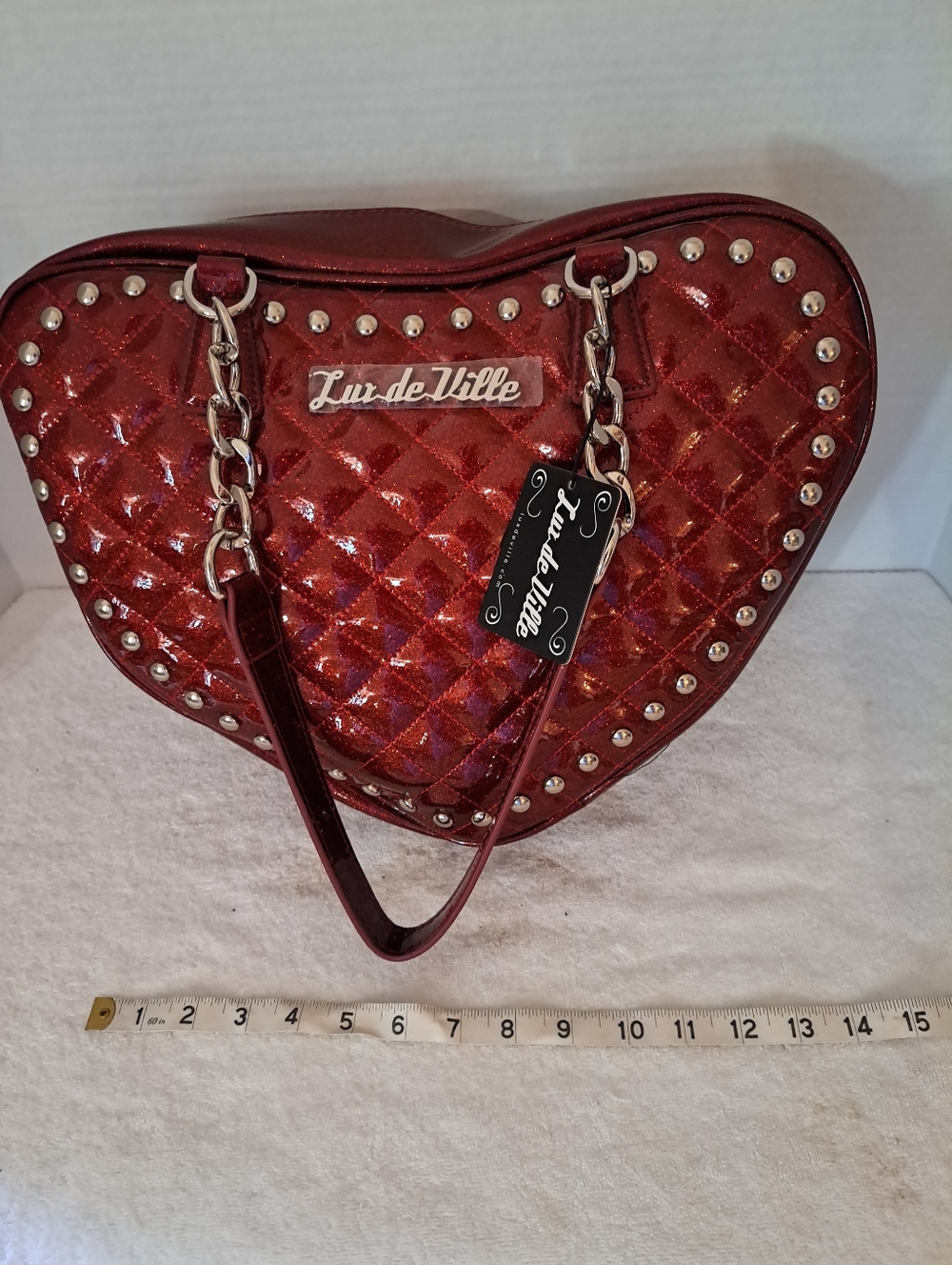 NWT Lux de Ville Metallic Red Quilted Heart Shoulder Tote Bag with Studs